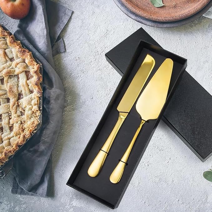 PAXNOK Pie Server and Cake Server Stainless Steel Set - Serrated Spatula with Elegant Ergonomic Handles for Cutting and Serving Desserts, Brownies, Lasagna (Gold)