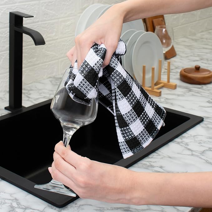 Blue Needles Waffle Weave Check Plaid Kitchen Towels, 15x25 Inches 100% Cotton Set of 6 Dish Towels for Kitchen, Ultra Soft & Absorbent for Quick Drying with Hanging Loop Spring Summer - Black & White
