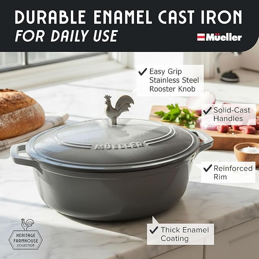 MUELLER HOME 5.5 Quart Enameled Cast Iron Oval Dutch Oven with Rooster Knob & Cotton Potholders, Heavy-Duty Cookware, Oven-Safe up to 500° F & Across All Cooktops, Gifts for Grandma & Women, Gray