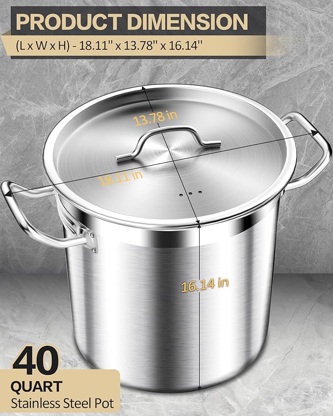 STOCKPOT Large Stock Pot with Lid – Professional Stainless Steel Stockpot 40 Quart – Heavy Duty Cooking Pot for Catering, Soup, and Seafood Boil – Compatible with Most Cooktops