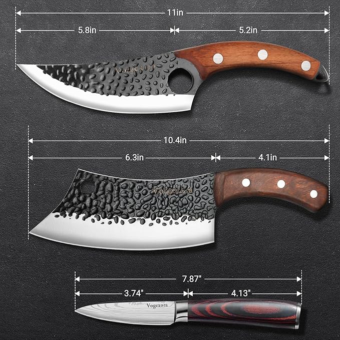 3PCS Butcher Chef Knife Set for Kitchen - Meat Cleaver & Paring Knife, Hand Forged High Carbon Steel Knives with Sheath for Home Cooking, Outdoor Camping, BBQ, Gift Idea for Men