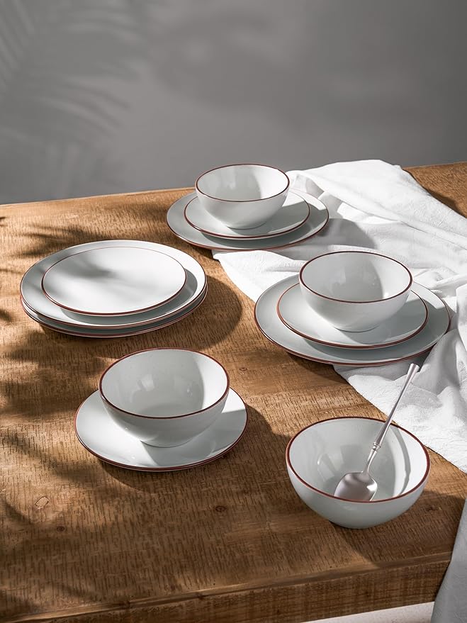 Famiware Venus Dinnerware Sets, 12 Piece Dish Set, Plates and Bowls Sets for 4, White