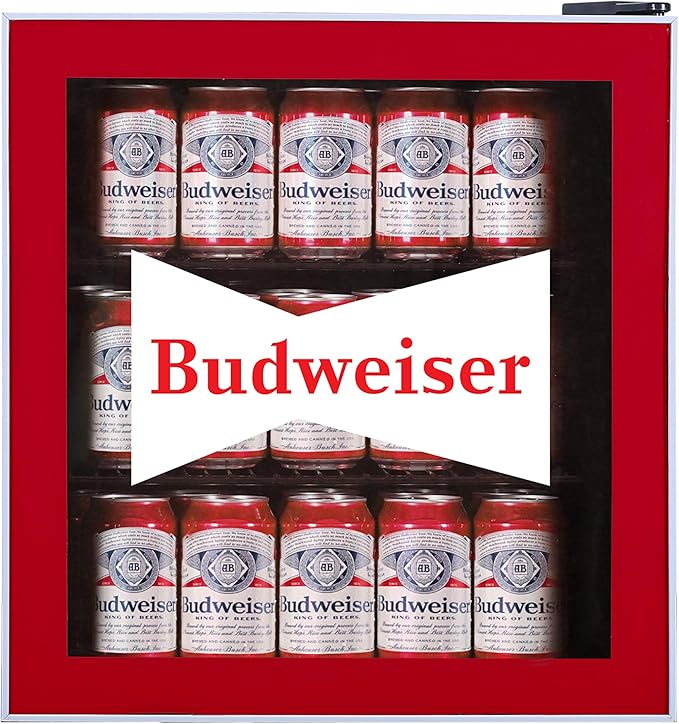 CURTIS MIS168BUD Budweiser Mini Beverage Cooler - 70 Can or 17 Bottles Beer Fridge with Glass Door for Soda + Adjustable Thermostat, Perfect for Home, Office, or Dorm, 1.8 cu ft