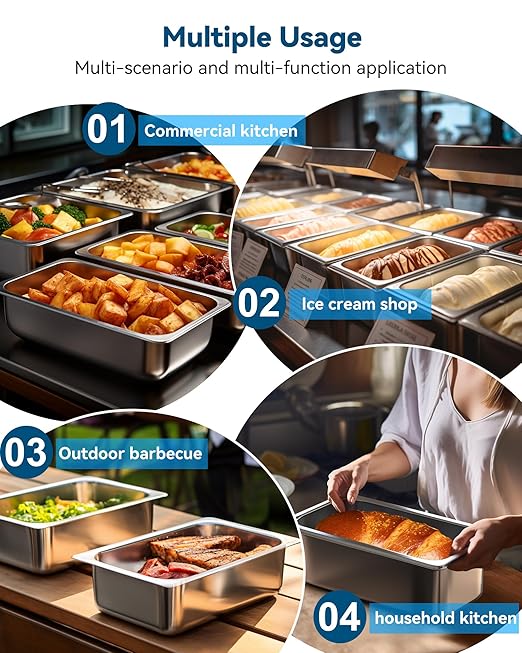 ZeroPone 6 Pack Hotel Pans, 1/3 Size 4" Deep Steam Table Pan, 22 Gauge Anti Jam Stainless Steel Steam Pan, Commercial Food Storage Containers for Catering Supplies