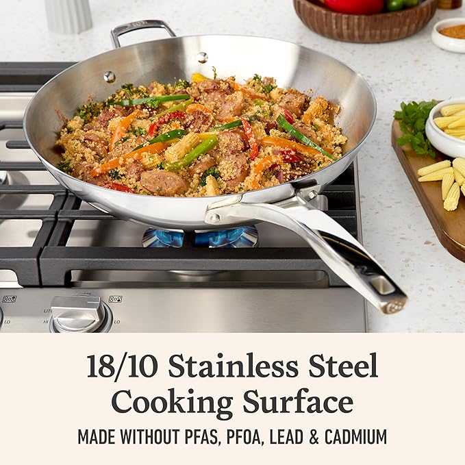 Calphalon Premier Polished 5-Ply Stainless Steel Cookware w/Turbo Heat Tech 13" Wok, Induction, Oven Safe 500F, Silver