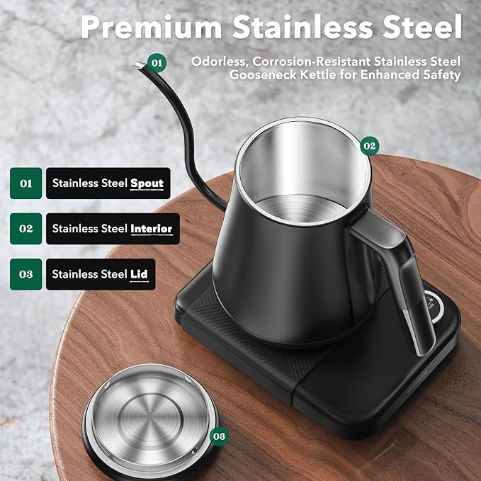 HIYAKOI Gooseneck Electric Kettle with ±1℉ Temperature Control, Pour Over Kettle for Coffee & Tea, 1200W Rapid Heating, Stainless Steel Water Boiler with 12H Keep Warm & Built-in Timer, 0.8L/27oz
