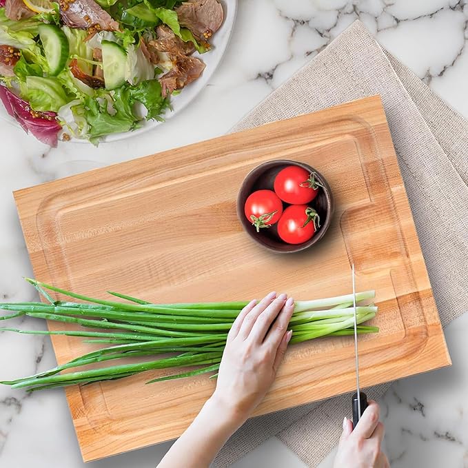 John Boos Aujus Series Rectangular Wooden Maple Cutting Board 24”x18” – 1.5” Thick, 18-lb Reversible Butcher Block with Sloped Juice Groove, Edge-Grain & Finger Grips – Made in the USA
