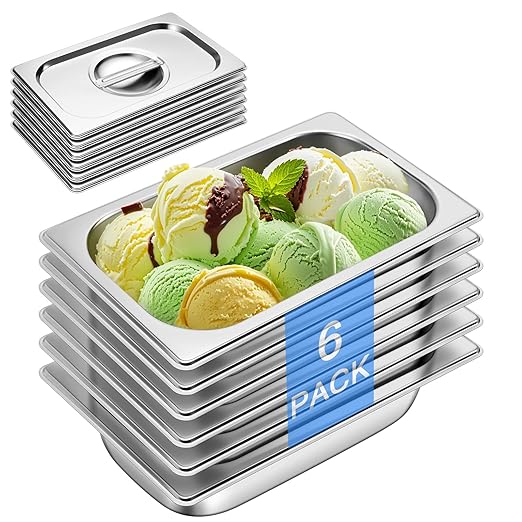 Hotel Pan With Lids 1/4 Size 2-1/2 Inch Deep Stainless Steel Chafing Dishes for Buffet, Steam Table Pan, Metal Commercial Food Pans for Food Prep/Serving (6 Pack, Half Size 1/4 x 2-1/2" Deep)