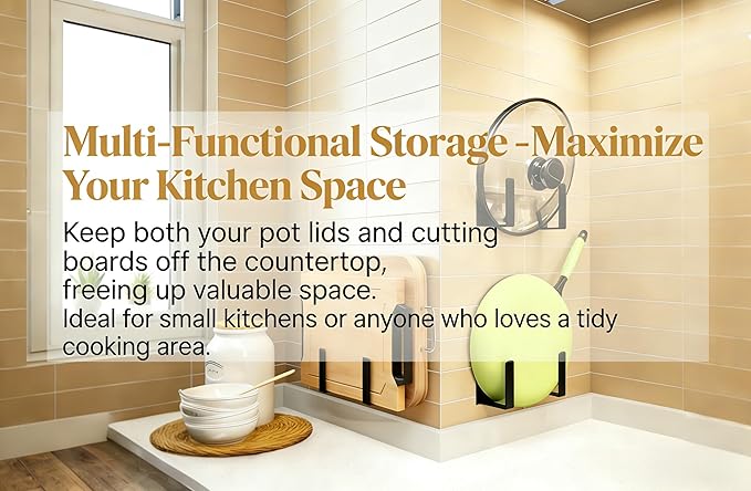 Stainless Steel Under Cabinet Cutting Board Holder Black Wall Mounted Pot Lid Storage Adhesive Punch Free No Drill Kitchen Organizer 7" x 2.3" x 1.8"