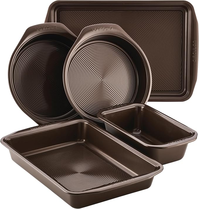 Circulon Nonstick Bakeware Set with Nonstick Cookie Sheet, Bread Pan, Bakings Pan and Cake Pans - 5 Piece, Chocolate Brown