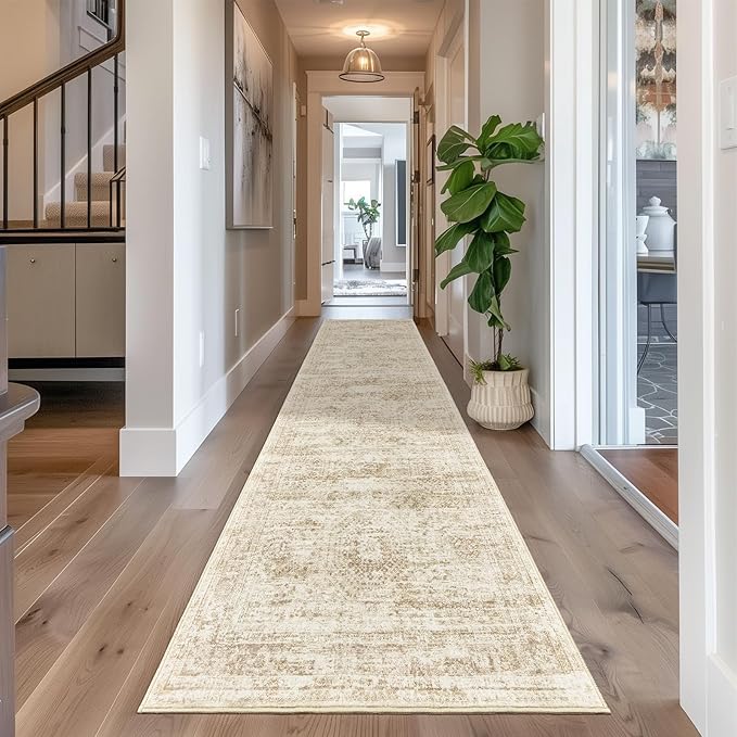 Washable Runner Rug 2.5x12, Non-Slip Long Bathroom Rugs Runner for Kitchen, Living Room, Bedroom, Soft Vintage Washable Rug for Entryway, Thin Floor Mat for Dining Room(2.5'x12', Beige/Ivory)