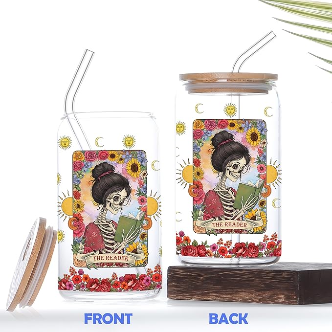 Book Lovers Gifts Ideas 16 Oz Glass Cup with Lid and Straw The Reader Coffee Tumbler Bookish Reading Accessories Birthday Mothers Day Christmas Gift for Readers Women Bookworm Teacher