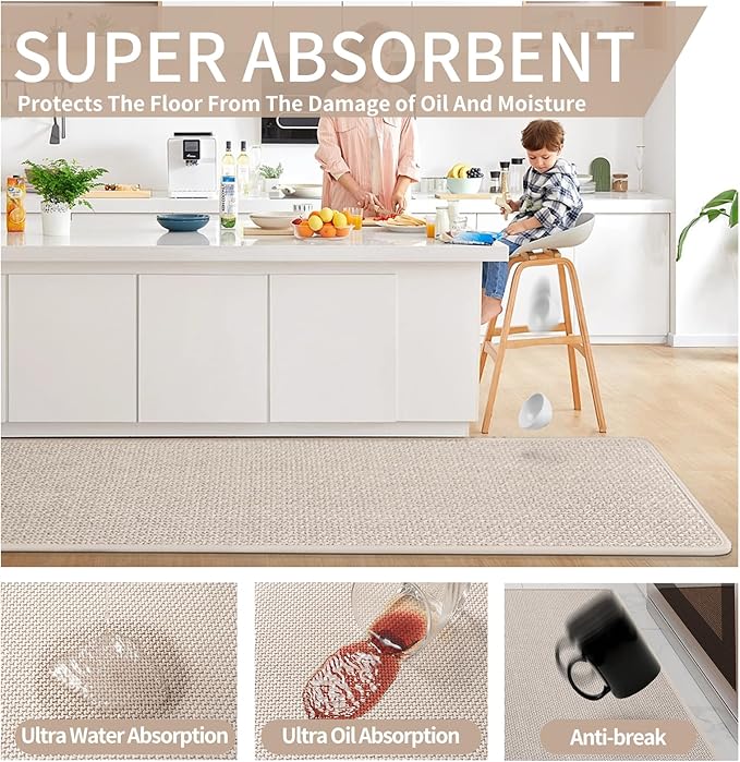 Kitchen Mats for Floor, Super Absorbent Kitchen Rugs Non Slip Washable, Soft Imitation Linen Braided Kitchen Runner Rug, Standing Mat Kitchens Sink Mat, Easy to Clean, Beige 17x30