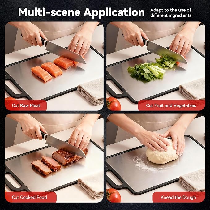 Double-Sided Solid Stainless Steel Cutting Board for Kitchen, 304 Grade & Dishwasher Safe - Non-Slip with Juice Groove, Perfect for Meat and Veggies, 15.3x9.6 Inch (Stainless Steel Color)