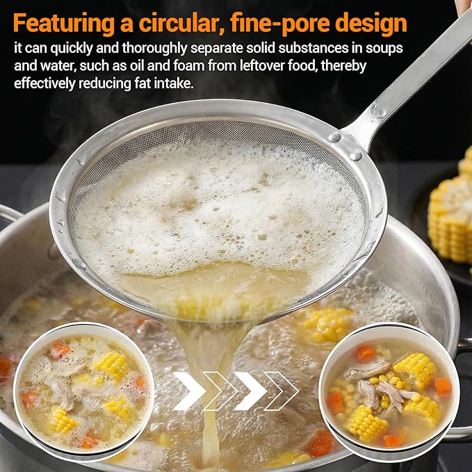 2 Pcs Stainless Steel Strainers Fine Mesh Colander with Handle 2025 Upgrade Extra Fine Mesh Strainers for Cooking Skimmer Spoon Filte Grease Foam Oil Filter Food Strainer Kitchen Gadgets (Small+Large)