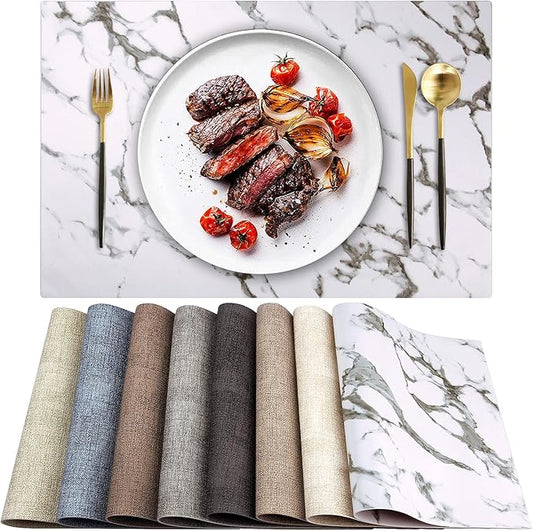 Leather Heat Resistant Placemats Set of 6 Waterproof Wipeable Washable PU Table Mats,Easy to Clean Anti-Slip Place Mats (Marble, 6)
