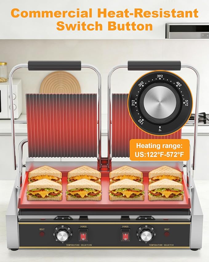 Commercial Panini Press - 3600W Electric Sandwich Panini Maker, Stainless Steel Double Sandwich Grill w/Nonstick Coating & Temp Control, 19x9 in Plate for Hamburger Steak Bacon