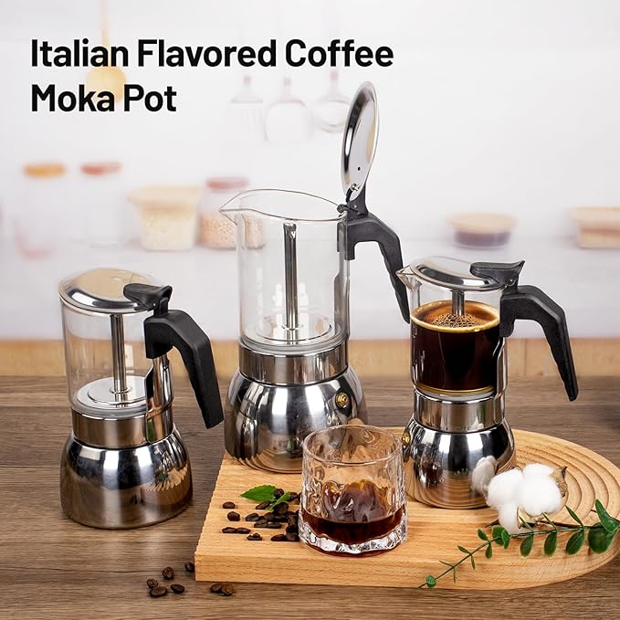 Vaolvpant 4 Cup Glass Clear Moka Pot Thickened 304 Stainless Steel Stovetop Espresso Maker Italian Coffee Machine 200ml 6.8oz Classic Mocha Cafe Greca Coffee Suitable for Gas Induction