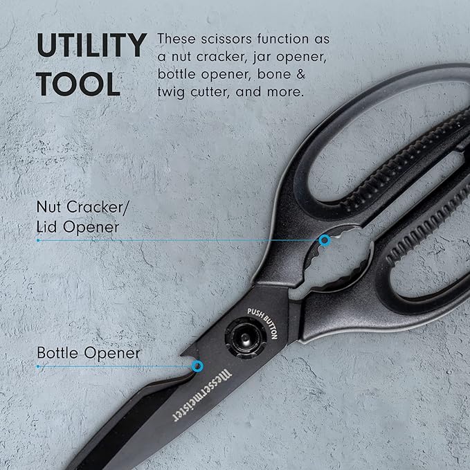 Messermeister 9-Inch Push Button Take-Apart Shears - High-Carbon Stainless Steel & Soft-Grip Handles - Includes Nut Cracker & Bottle Opener