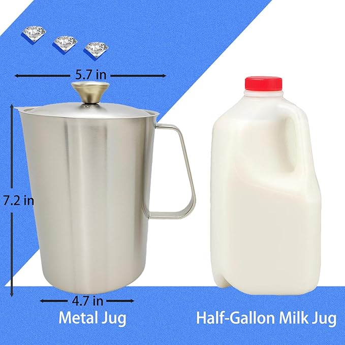 Stainless Steel Measuring Pitcher with Lid, 70 oz / 2L Large Metal Jug with Handle & Dual Scales, Wide Mouth Graduated Cup for Milk Frothing, Iced Tea, Espresso, Hot & Cold Water