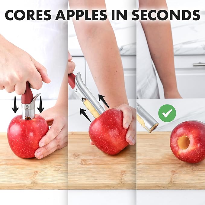 Zulay Kitchen Premium Apple Corer Tool - Ultra Sharp, Stainless Steel, Serrated Blades for Easy Coring - Easy to Use & Clean, Durable Apple Corer Remover for Baking Apples & More - 2 Pack Black & Red
