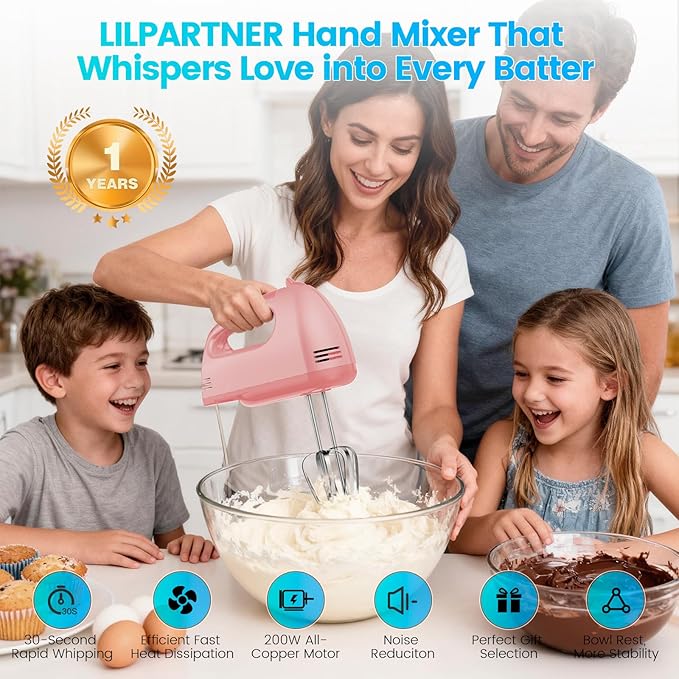 LILPARTNER Hand Mixer Electric, Small Food Mixer 7 Speeds Handheld Blender,304 *(1* Whisk, 2* Beater, 2*Dough Hook) Kitchen Blender for Cream, Cookies, Dishwasher Safe, Pink