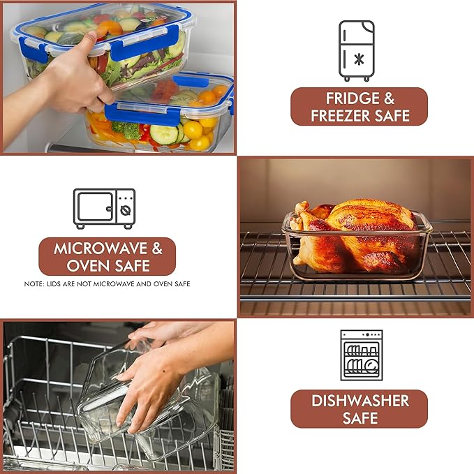 Razab 4 Pcs 1860ml / 63 Oz Large Glass Food Storage Containers with Lids - Glass Meal Prep Containers with Locking Lids for Roasting, Storing Leftover, Lunch Container, BPA Free, Microwave & Oven Safe