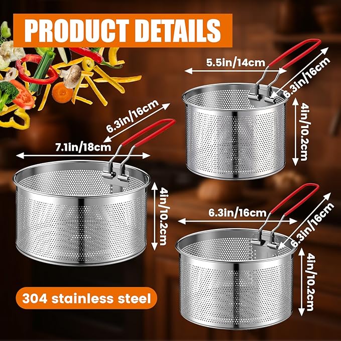 Patelai 3 Pcs Pasta Strainer 5.5" 6.3" 7.1" Metal Noodle Strainer with Long Removable Handle 304 Stainless Steel Deep Fryer Basket Pasta Noodle Basket Kitchen Colander for Washing Frying Boiling