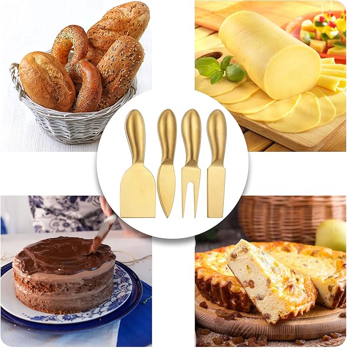 Patelai 4 Pieces Stainless Steel Cheese Knives Set, Knife Fork Slicer Butter Knife Set for Charcuterie and Cheese Spread Kitchen Cooking Christmas Gift for Women (Gold)