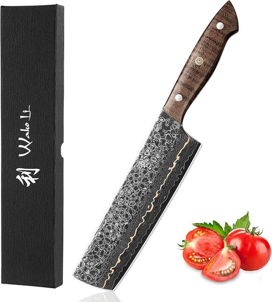 Wakoli Kawa Nakiri Knife, 7.1-Inch Blade Damascus Chef Knife | 67-Layer Damascus Steel with VG10 Core | Copper Inlay | Maple Stabilized Wood Handle | Professional Kitchen Knife