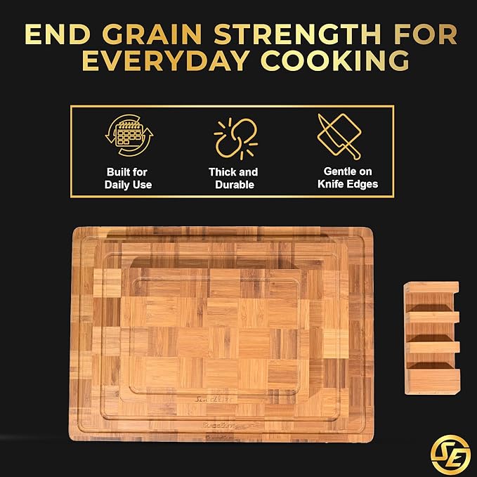 SliceElite Extra Large Bamboo Cutting Board Set 3 Piece End Grain Wooden Chopping Boards with Holder Non Slip Feet Juice Groove XL Butcher Block Style Boards for Kitchen Carving and Serving