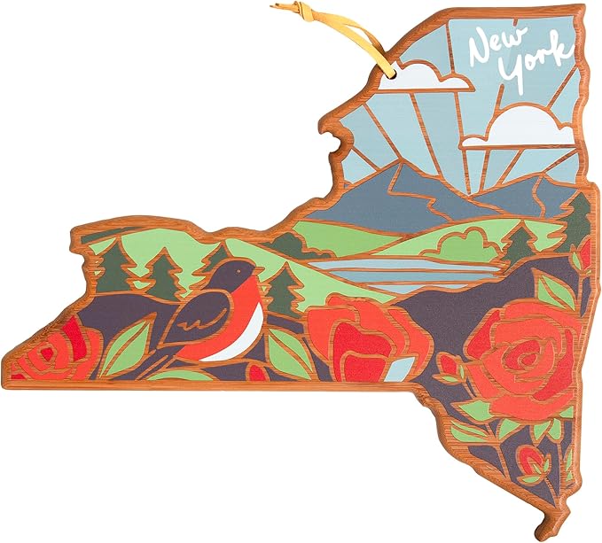 Totally Bamboo New York State Shaped Cutting Board and Charcuterie Serving Platter with Artwork by Summer Stokes, Includes Hang Tie for Wall Display