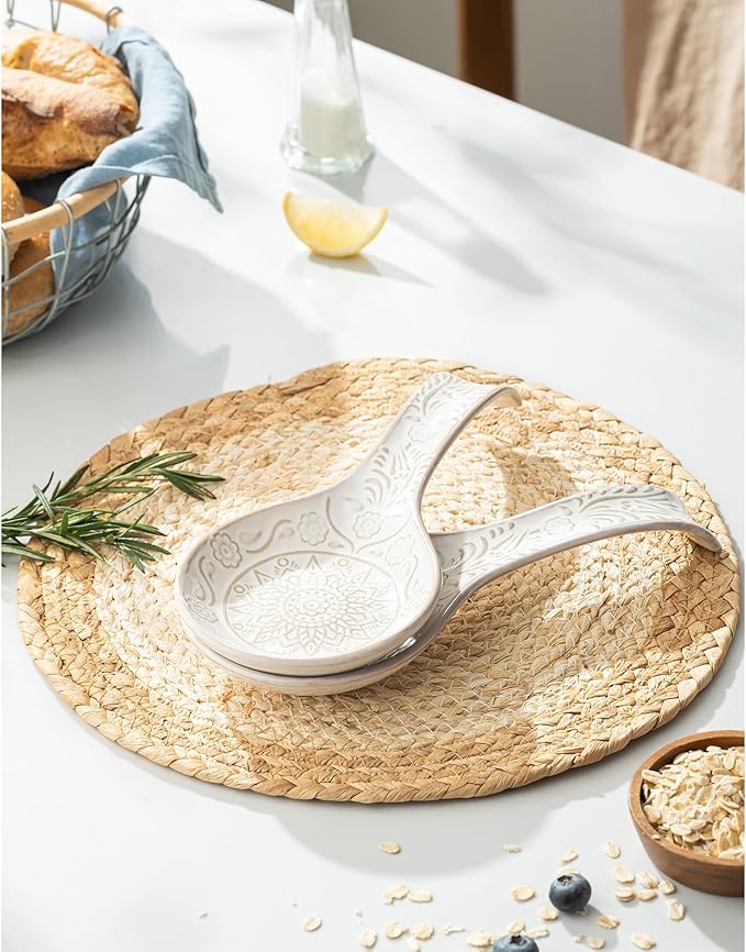 Ceramic Spoon Rest, 9 Inches Large Spoon Holder for Kitchen Counter, Set of 2, Kitchen Accessories, Dishwasher Safe, White