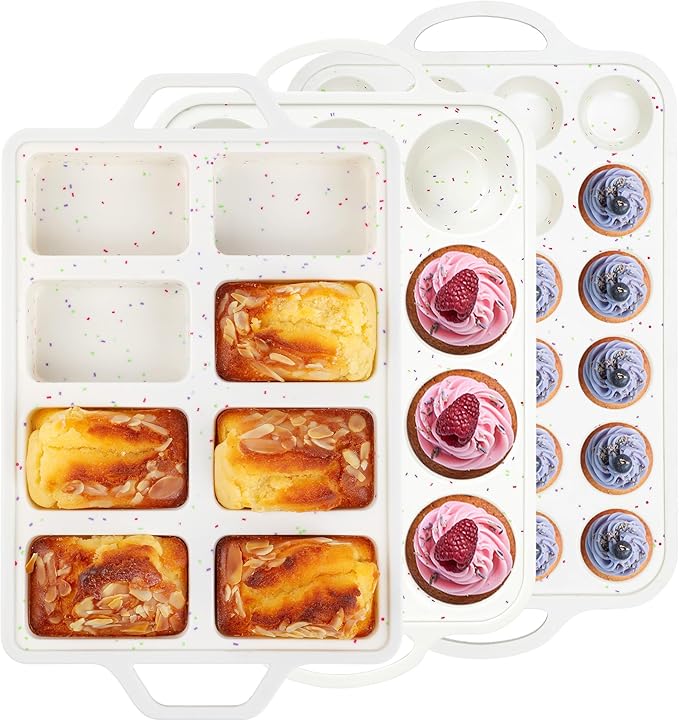 AOTASO 3 Pcs Silicone Baking Pan Set - Including 1 Pc Mini Loaf Pan, Standard Muffin Pan and Mini Muffin Pan - Silicone Cupcake Molds With Metal Reinforced Frame (Cream)