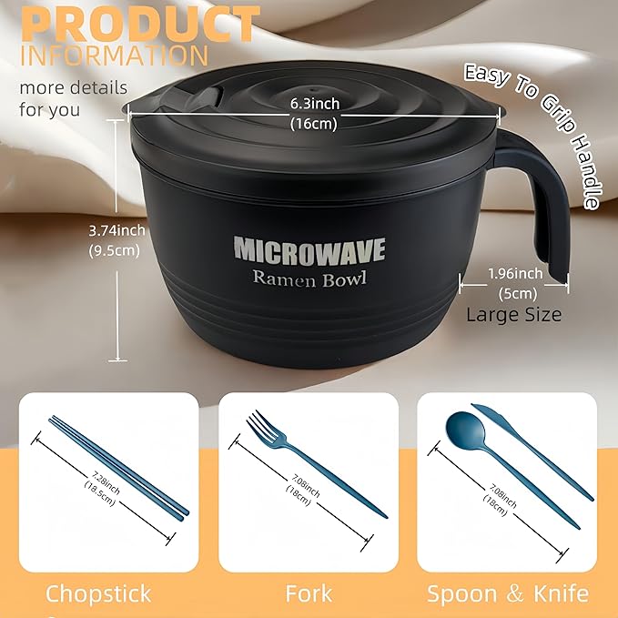 Layron 2 Sets Microwave Ramen Cooker Bowl 45 oz Instant Noodle Bowl with Handles Ramen Noodle Cooker with Spoon Chopsticks Fork Knife College Dorm Room Essentials for Boys Girls (Black, Black)