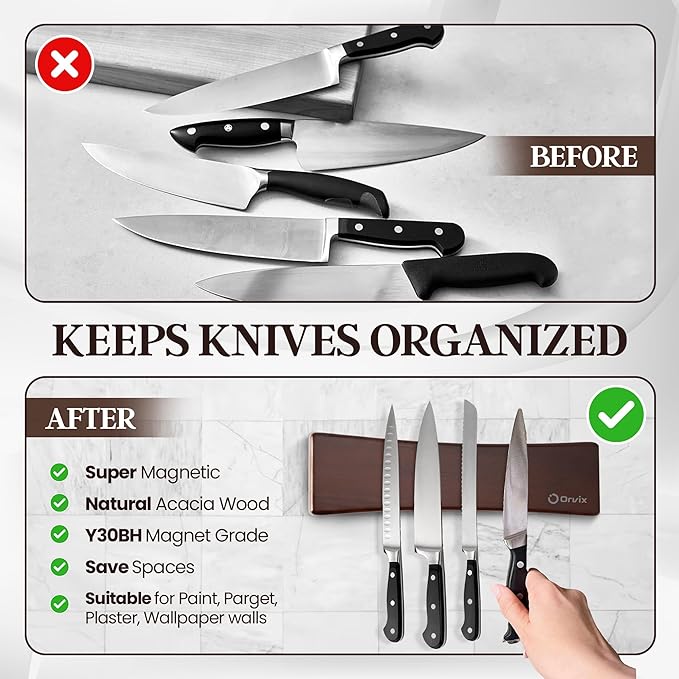 10 Inch Acacia Wood Magnetic Knife Holder for Wall - Magnetic Knife Strip & Knife Magnet - Kitchen Knife Storage Bar & Utensil Organizer