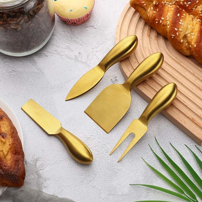 Patelai 4 Pieces Stainless Steel Cheese Knives Set, Knife Fork Slicer Butter Knife Set for Charcuterie and Cheese Spread Kitchen Cooking Christmas Gift for Women (Gold)