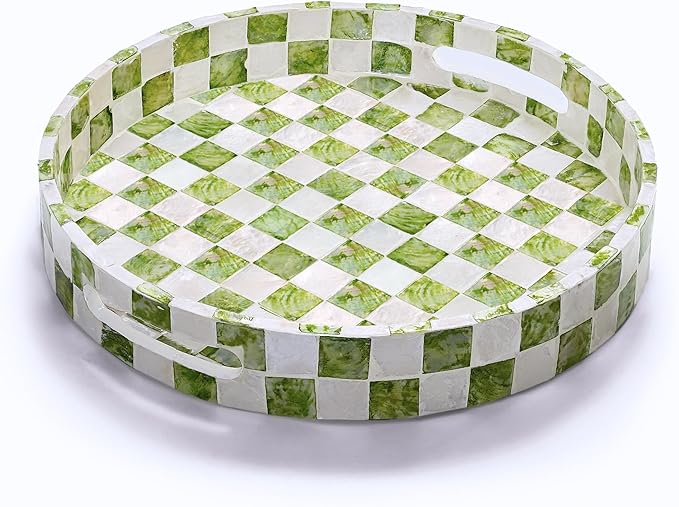12.6" Capiz Decorative Tray with Handles, Checkered Round Serving Tray for Coffee Table, Kitchen Counter, or Bathroom (Pistachio Green)