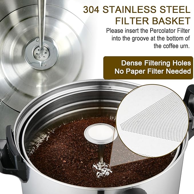 Coffee Percolator Large Coffee Maker 155 Cups Commercial Coffee Urn Electric Industrial Coffee Maker Hot Water Dispenser Machine for Catering, Church, Restaurant Dual Layer Stainless Steel 1500W 120V