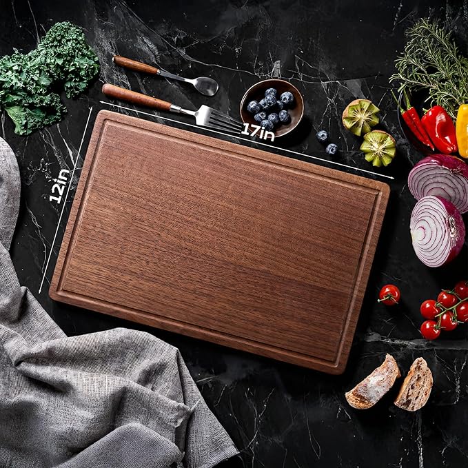 KOBACH Black Walnut Wood Cutting Board – 11"x17" Durable, Non-Toxic Double-Sided Wooden Chopping Board for Kitchen, Butcher Block with Juice Grooves