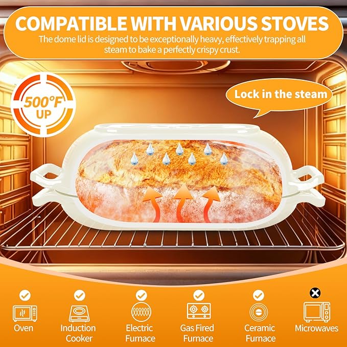 Oval Dutch Oven for Bread Baking, 6QT Enameled Cast Iron Oval Dutch Oven Pot with Lid and Dual Handles, Ceramic Sourdough Bread Baker with Bread Dome, Cooking, Frying, Non-stick Enamel Coated Cookware