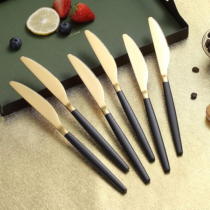Dinner Knives 6 Pieces Black And Gold Plating, Homquen Sturdy 9" Stainless Steel Modern Design Knife, Knifes Set With Round Edge Dishwasher Safe