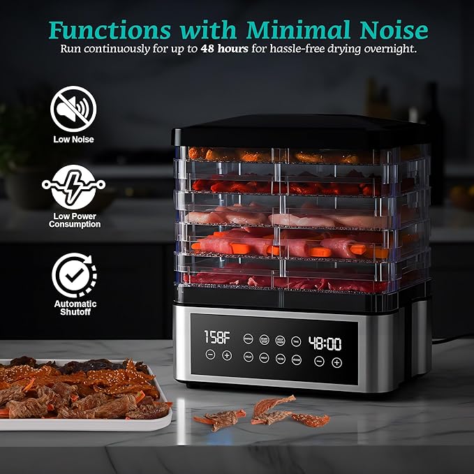 Food Dehydrator, One-Touch Dehydrator with Automatic Temperature Control 5 BPA-Free 11.4" Trays, Dehydrated Dryer for Jerky, Dog Treats, Herbs, Meat, Fruit, and Yogurt