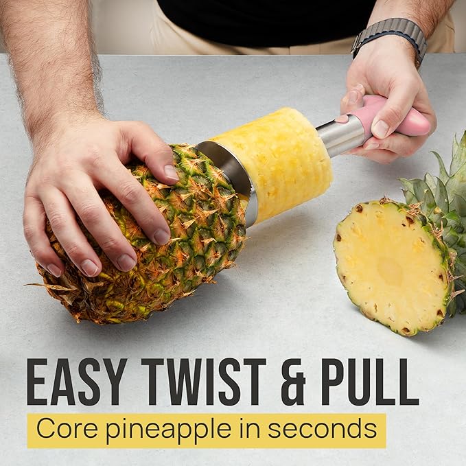 Zulay Kitchen Stainless Steel Pineapple Corer & Slicer + Eye Removal Tool – Heavy Duty Pineapple Cutter with Reinforced Blade – Effortless Pineapple Core Remover & Slicer - Pink