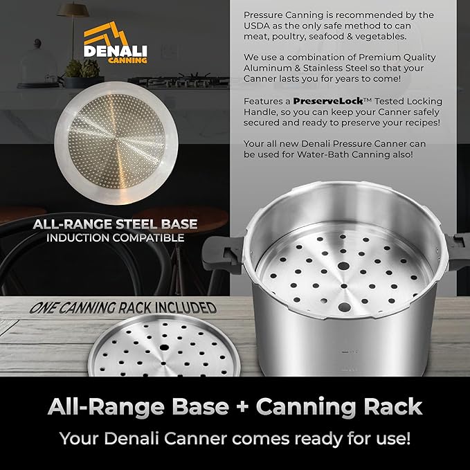 THE TANKER by Denali Canning - 23 Quart Beginner Friendly Pressure Canner & Cooker | Induction Compatible | Pressure Gauge, 15lb & 10lb Weights | Aluminum & Stainless Steel Parts | USA Company