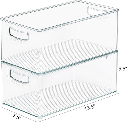 2 Pack Clear Freezer Organizer Bins Stackable Storage Bins with Side Handles for Kitchen Pantry Cabinet Organzation and Storage