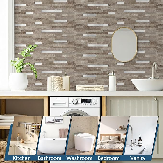 Yipscazo 2 Sheets PVC Wall Tiles Stick on Tiles for Backsplash Kitchen, Bathroom, Laundry Room, Camper, Fireplace (6'' X 12'', Brownish Stone)