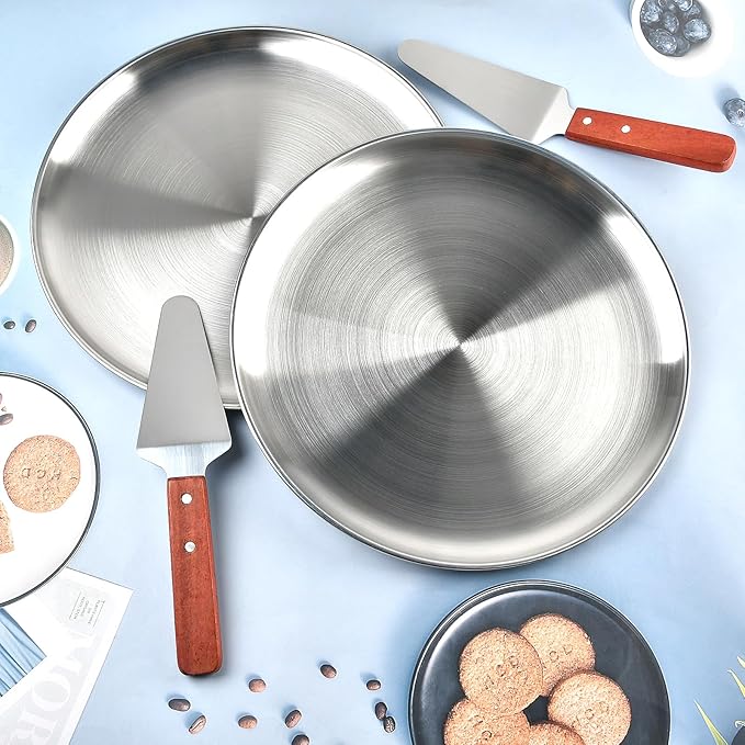 Milkary 8Pcs 12 Inch Pizza Pan, Stainless Steel Pizza Serving Tray with 4pcs Pizza Spatula, Round Non-Stick Coating Pizza Plate for Baking Cake Pie Serving Tableware Kitchen Home Restaurant