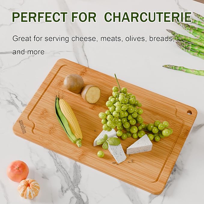 Bamboo Cutting Boards for Kitchen, Large Wood Cutting Board with Juice Grooves & Built-in Handles, Easy Storage & Clean Chopping Board for Meat, Vegetables, Fruit