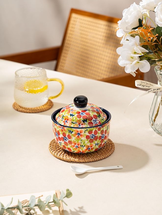 silesia Handmade Sugar Bowl with Lid and Spoon, 10 Ounce Ceramic Hand-Painted Sugar Jar for Kitchen in Gift Box, Kitchen Decor, Oven, Dishwasher & Microwave Safe, Jungle Floral